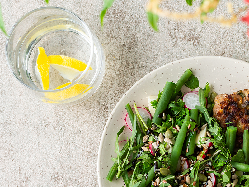 Food and glass of water on a table